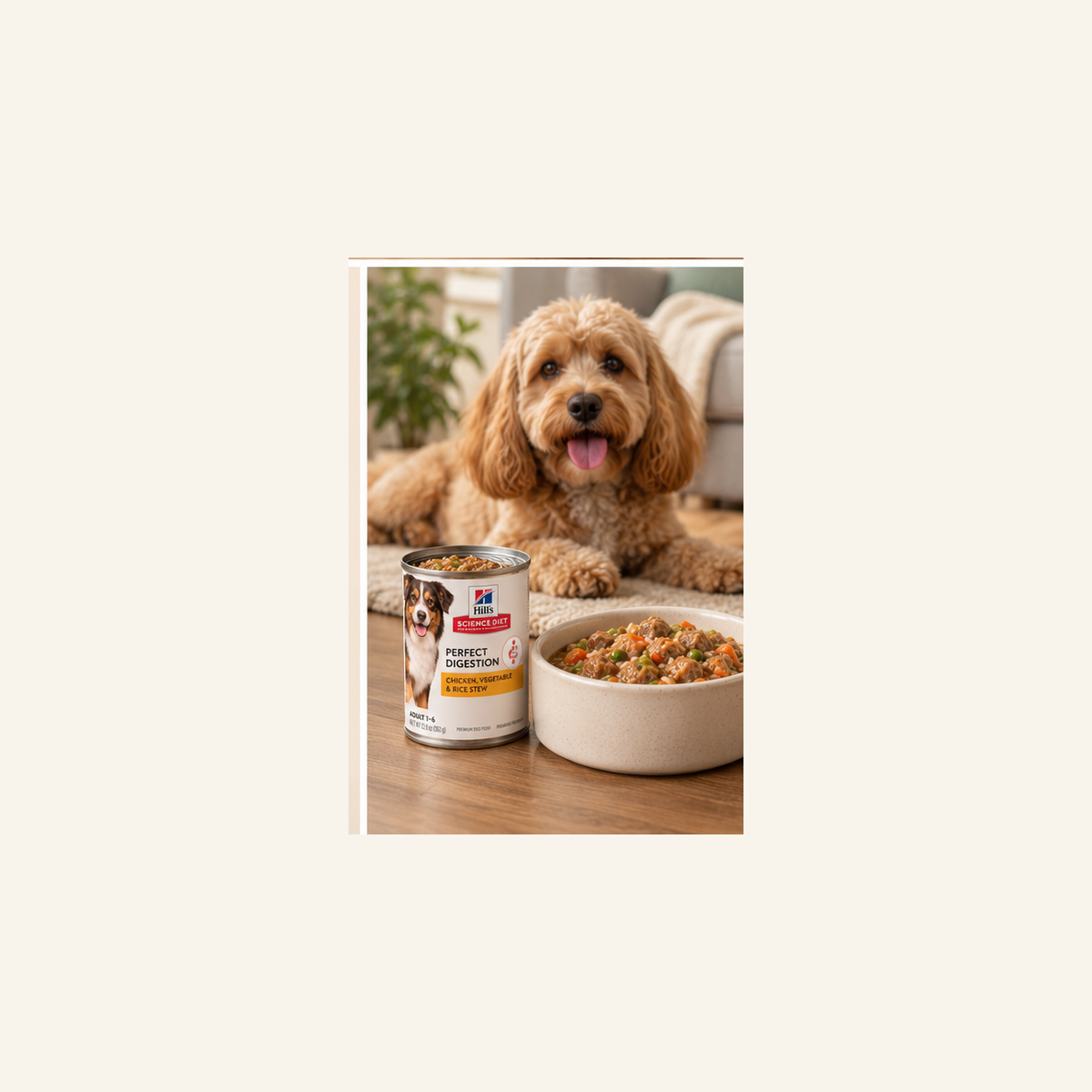 Hill's Science Diet Perfect Digestion Chicken, Vegetable & Rice Stew with dog and serving bowl