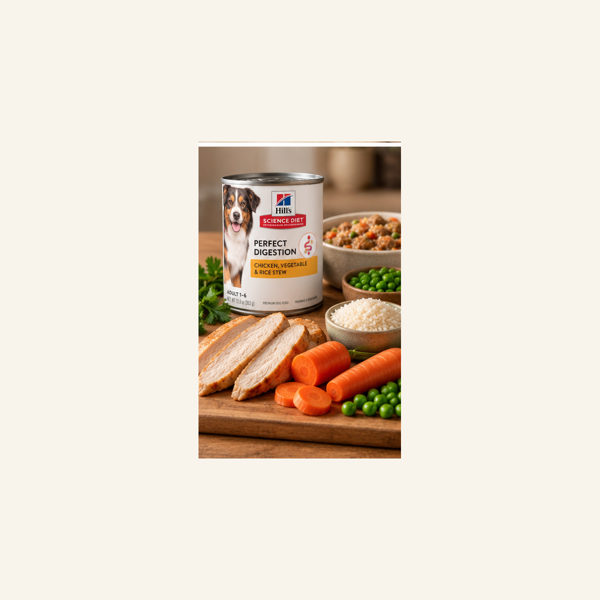Chicken, carrots, peas and rice shown with Hill's Science Diet Perfect Digestion wet dog food