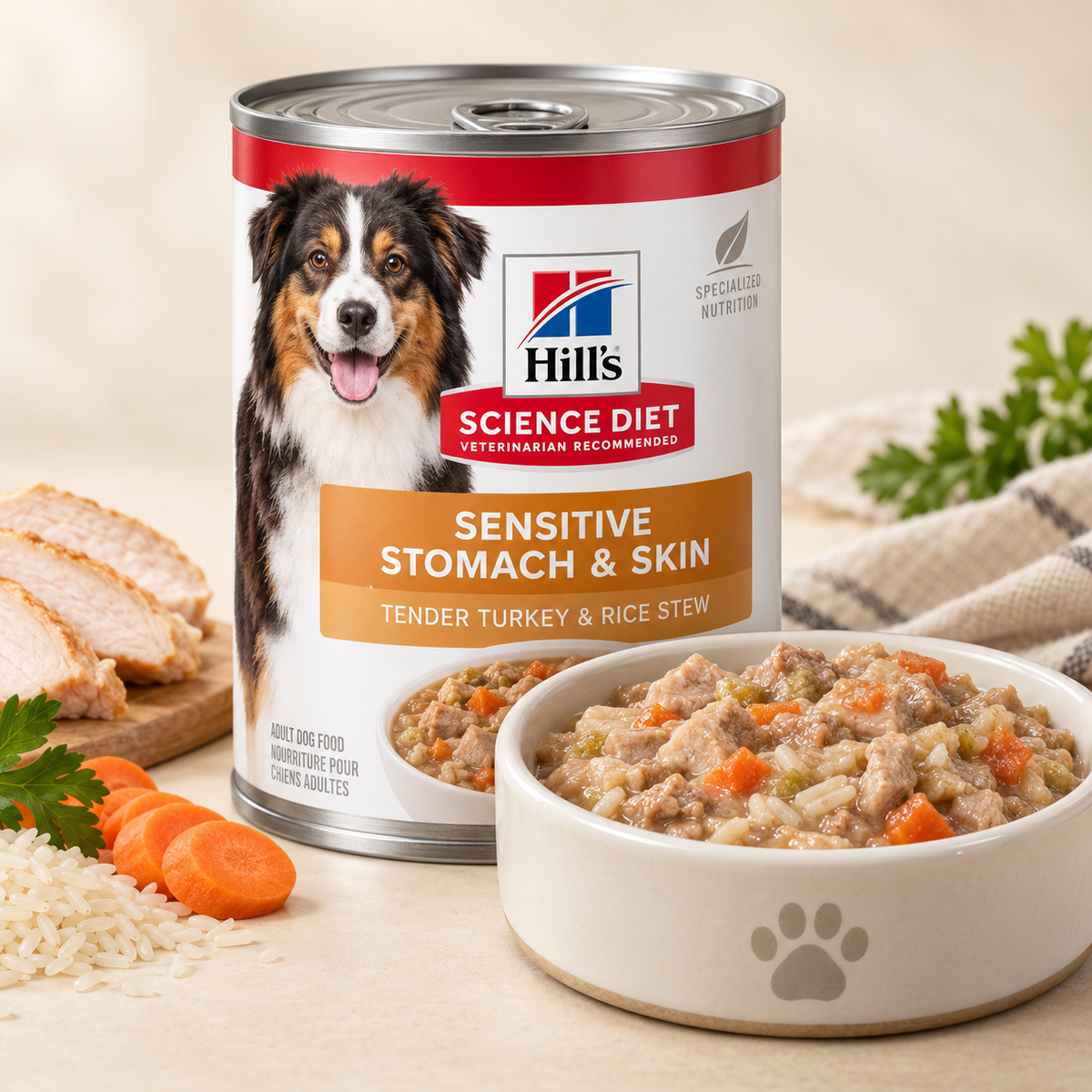Hill's Science Diet Sensitive Stomach & Skin Tender Turkey & Rice Stew with turkey and rice food detail