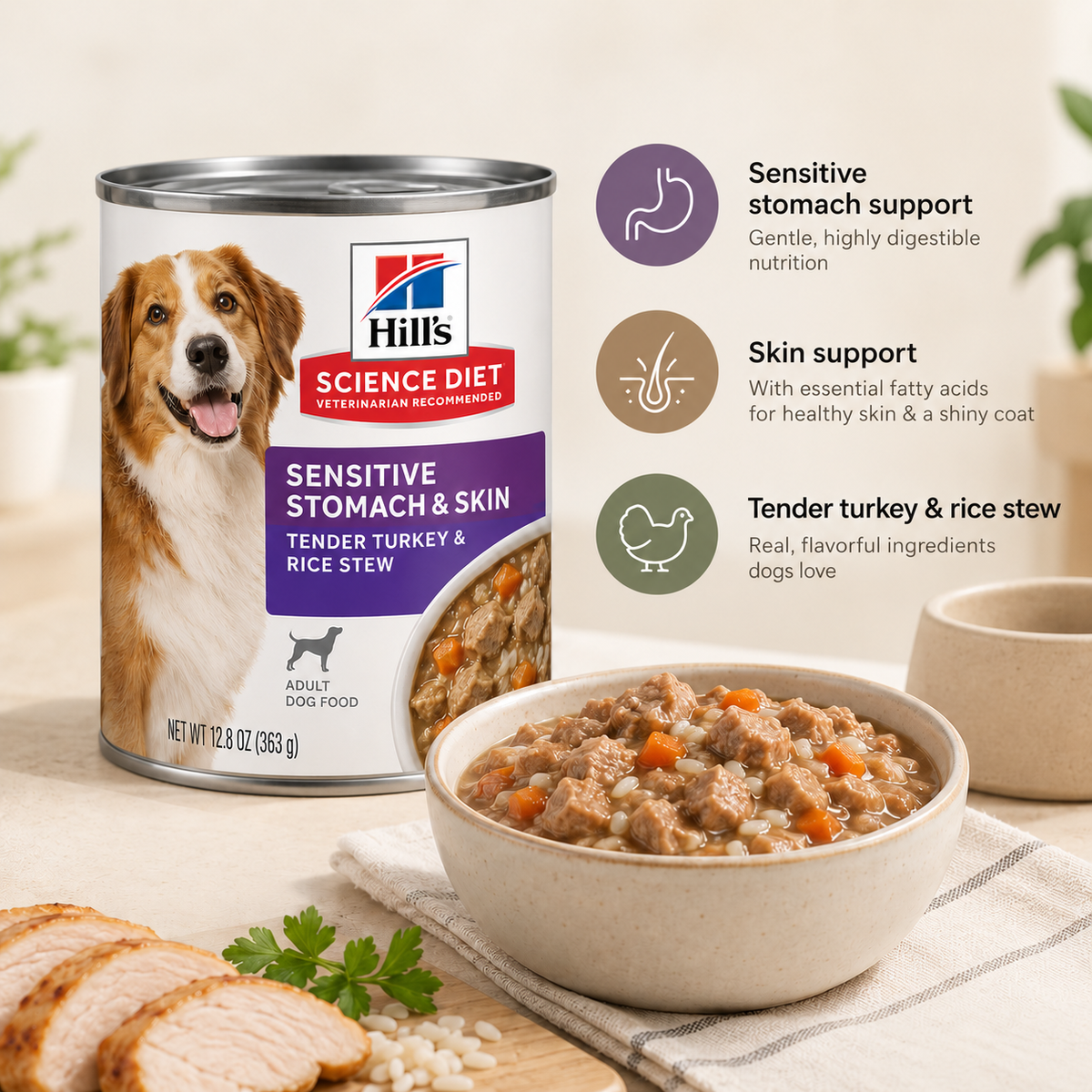 Hill's Science Diet Sensitive Stomach & Skin Tender Turkey & Rice Stew with bowl of wet dog food