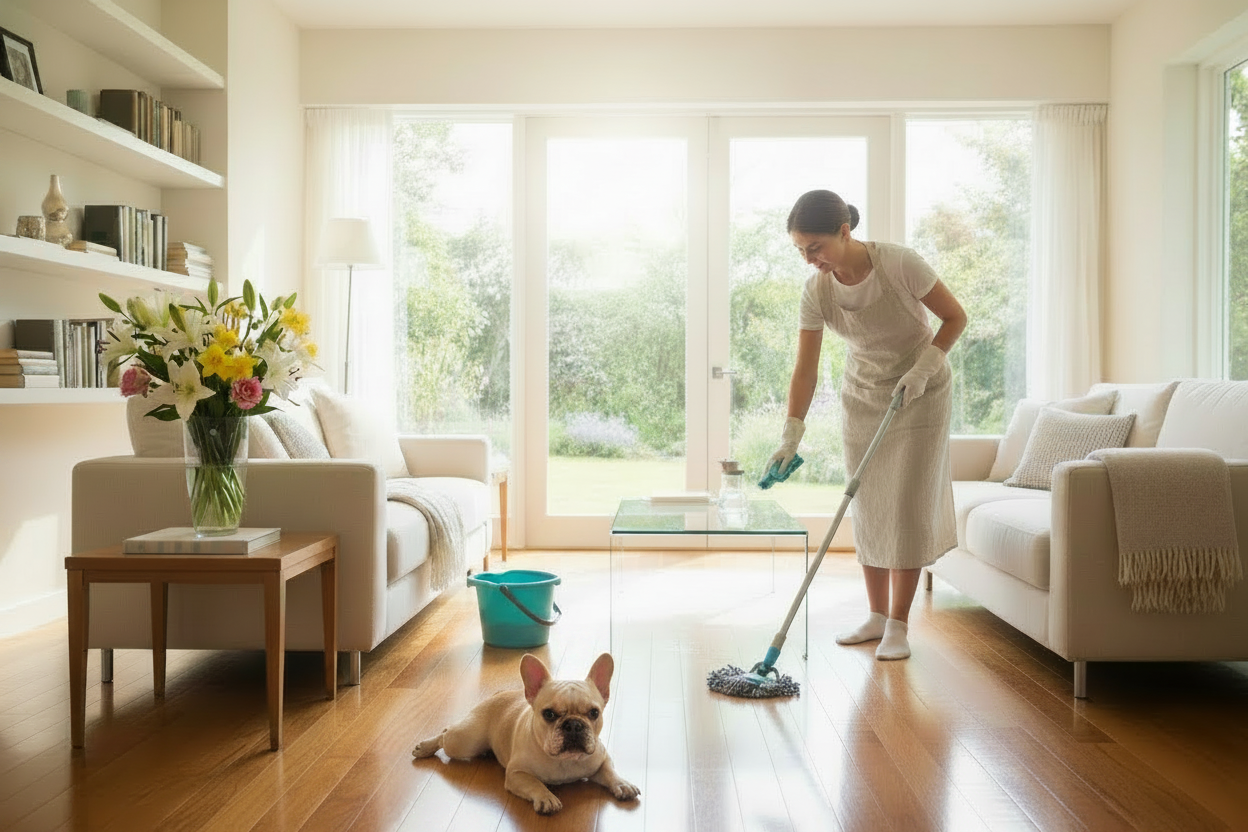 A woman in a beige dress mops a hardwood floor in a bright, modern living room with white sofas, a glass coffee table, and large windows looking out onto greenery.