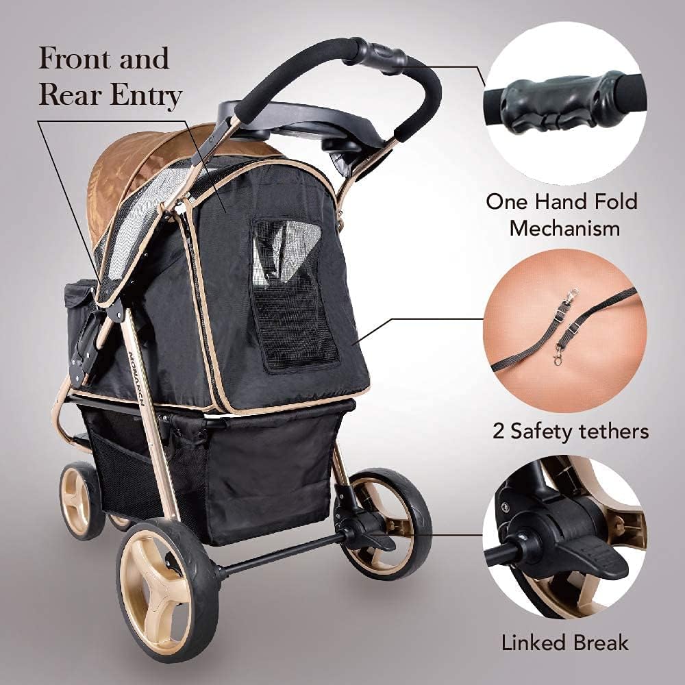Ibiyaya Monarch stroller feature graphic showing entry openings, folding handle, safety tethers and brake