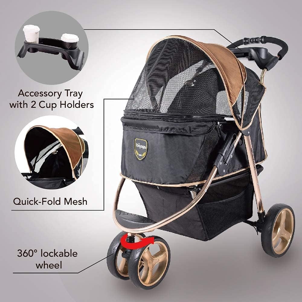 Ibiyaya Monarch stroller feature graphic showing the accessory tray, mesh and front wheel