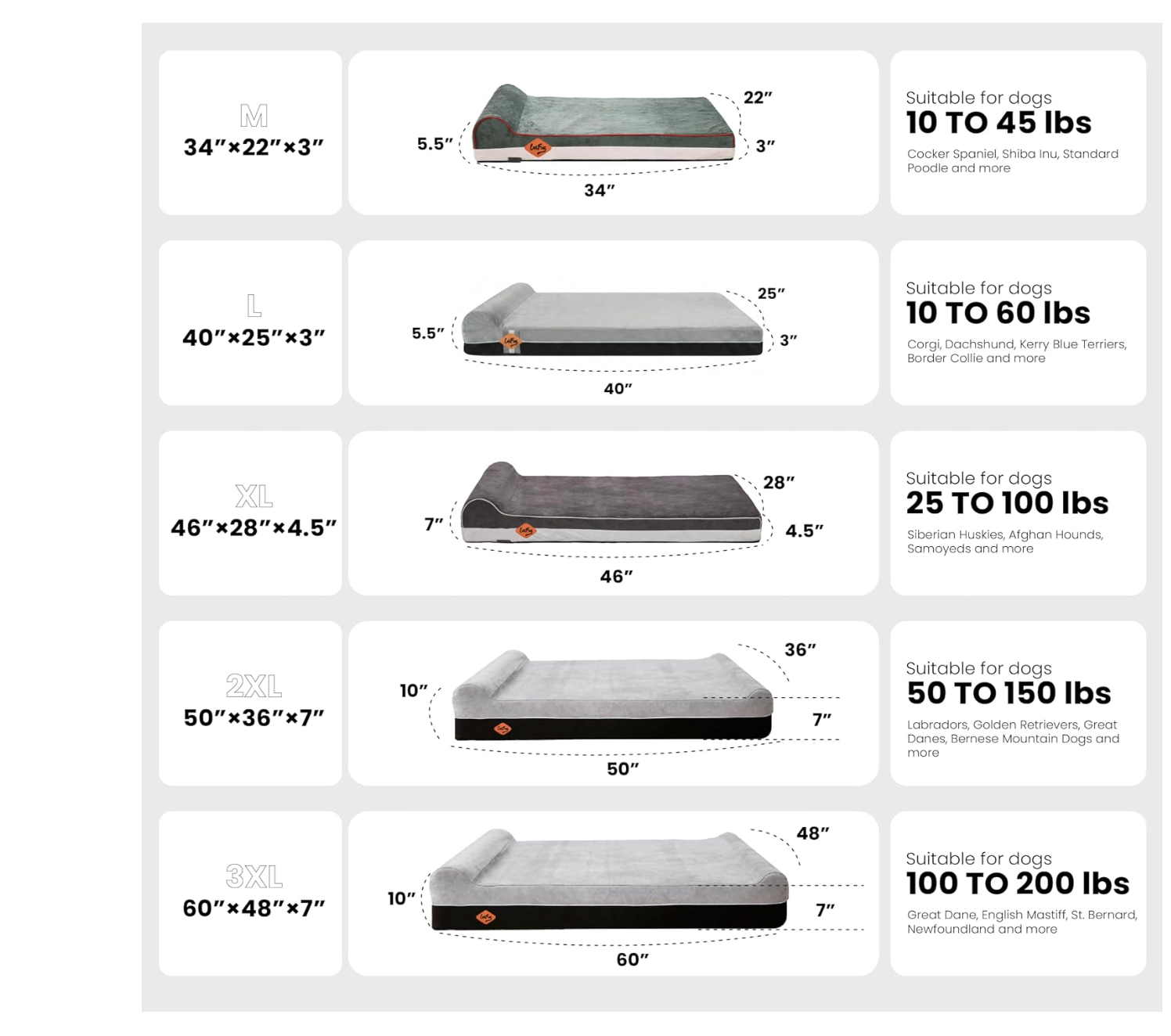 Laifug orthopedic dog bed size guide for M, L, XL, 2XL and 3XL
