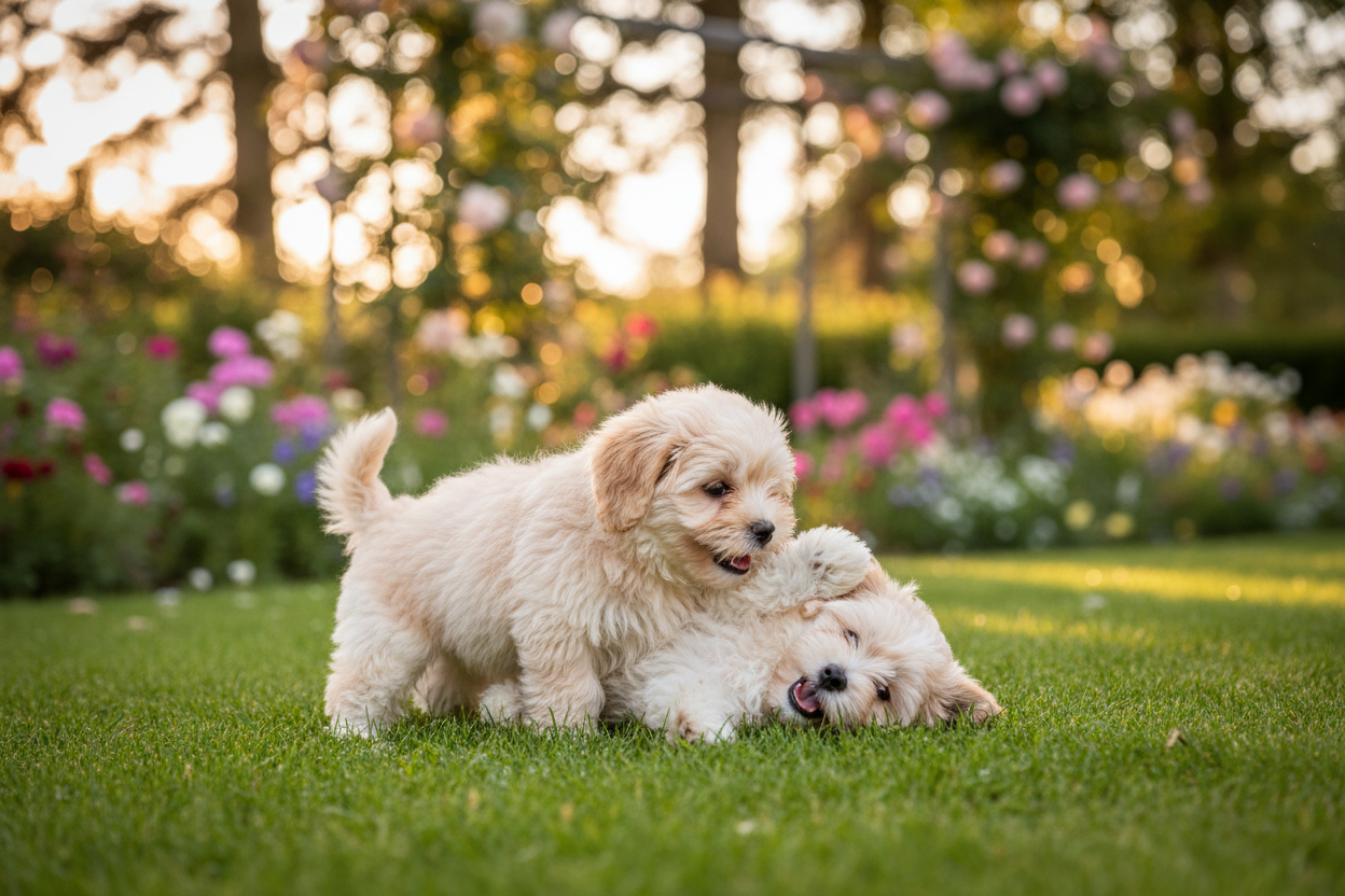 Two Lhasa Apso puppies playing in a garden for the Aubenord Lhasa Apso IVDD guide