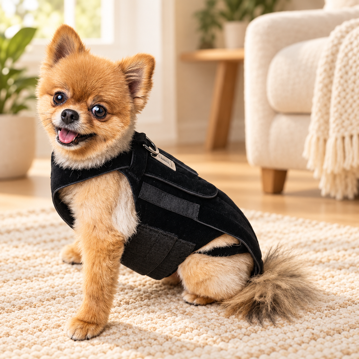 Small tan dog wearing a black L’il Back Bracer indoors