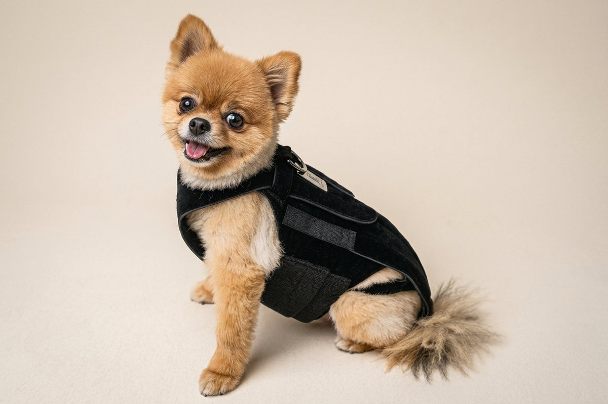 Small dog wearing the L’il Back Bracer for light external back support
