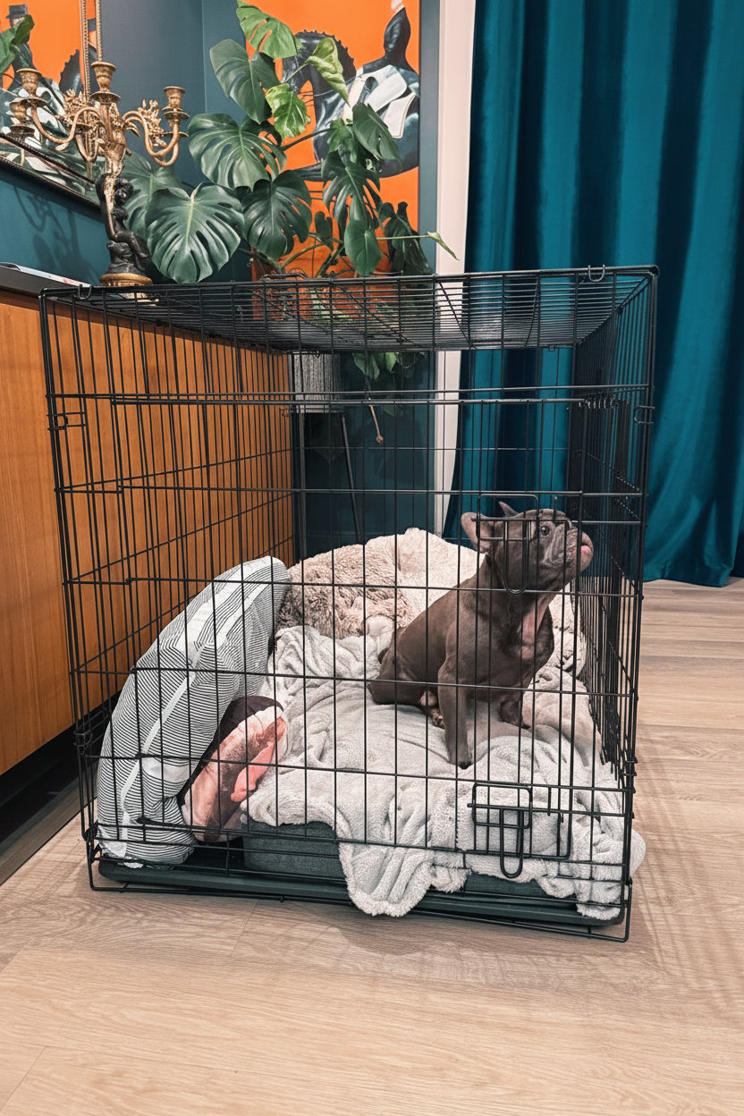 Loui the French Bulldog sitting inside the FurDreams folding dog crate with a blanket