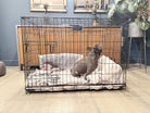 Loui the French Bulldog inside the FurDreams folding dog crate in a home setting