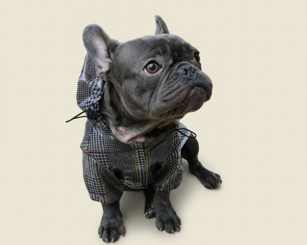 Loui the French Bulldog wearing his tartan raincoat on a real walk