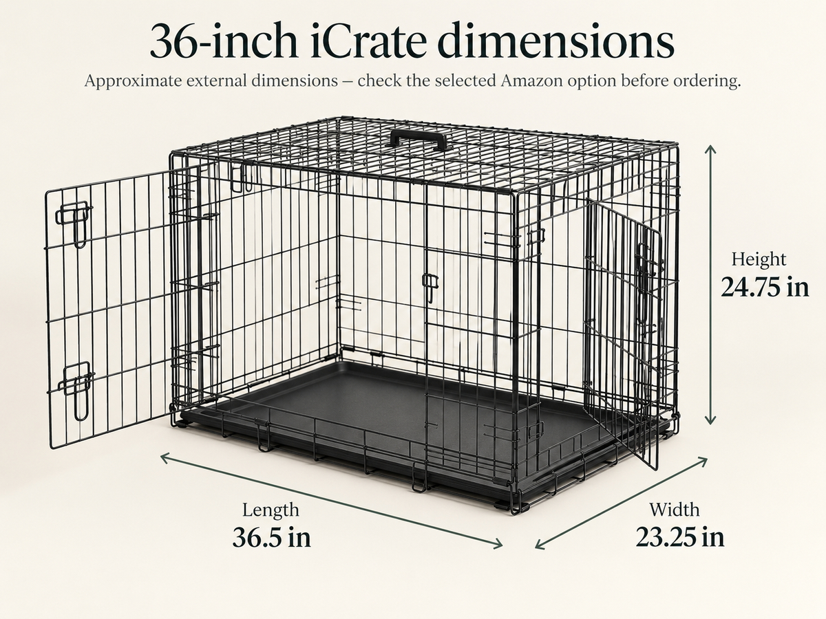 MidWest 36-inch iCrate dimensions showing approximately 36.5 in long, 23.25 in wide and 24.75 in high