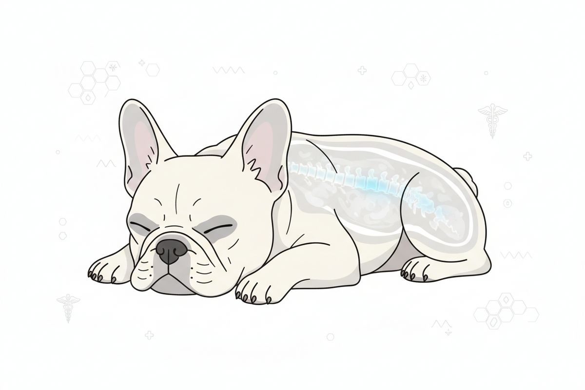 French Bulldog with spine highlighted for the Aubenord IVDD MRI guide