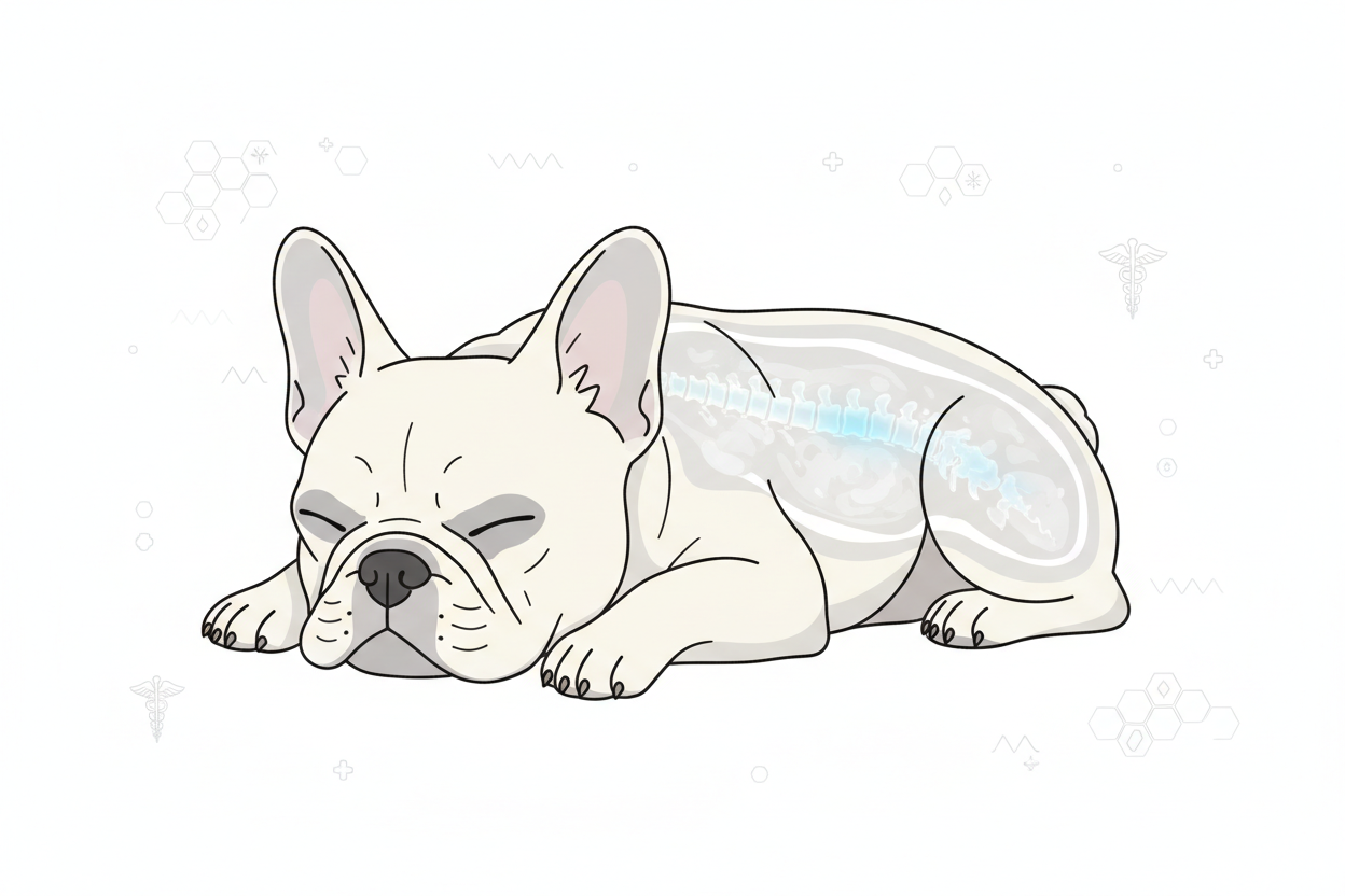 Illustration of a French Bulldog with the spine highlighted for the Aubenord IVDD MRI guide