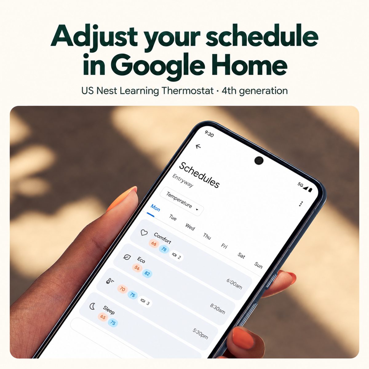 Google Home app schedule graphic for the Nest Learning Thermostat 4th Gen