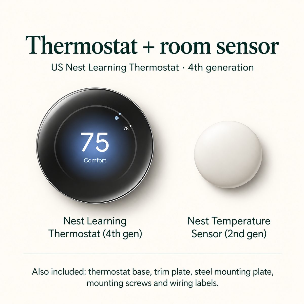 Google Nest Learning Thermostat 4th Gen with Nest Temperature Sensor and included mounting accessories