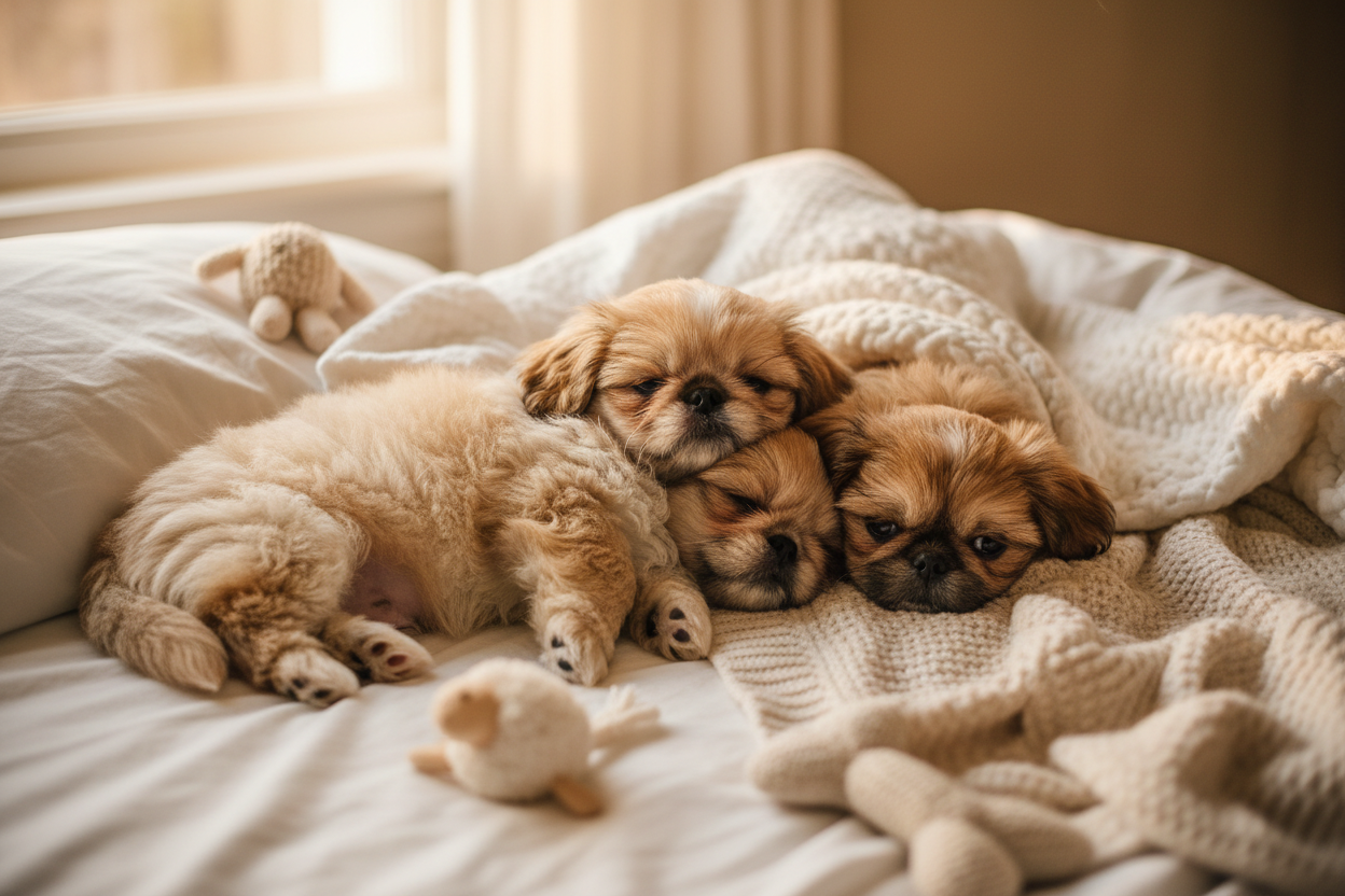 Pekingese puppies resting on a bed for the Aubenord Pekingese IVDD guide
