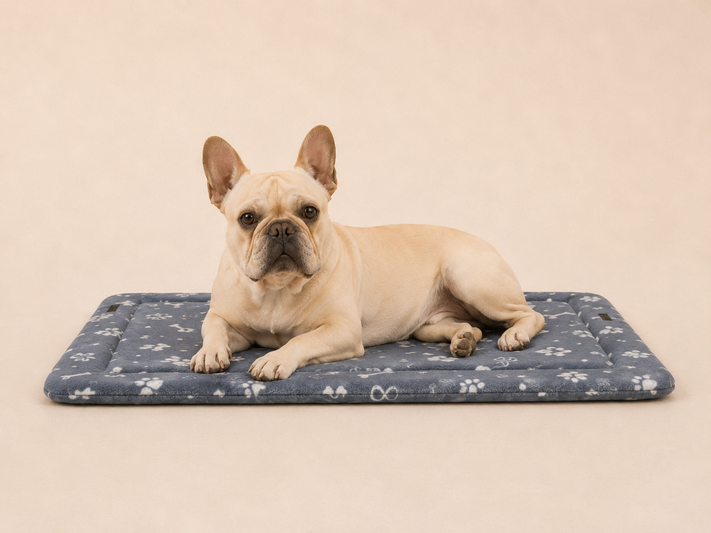 Cream French Bulldog resting on a Pets Essentials Bone Fleece ultra-low-entry dog crate mat