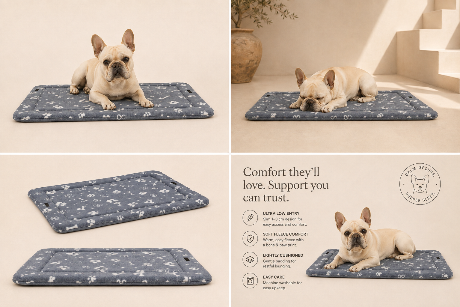 Pets Essentials Bone Fleece dog crate mat feature graphic showing ultra-low entry, soft fleece comfort, light cushioning and easy care
