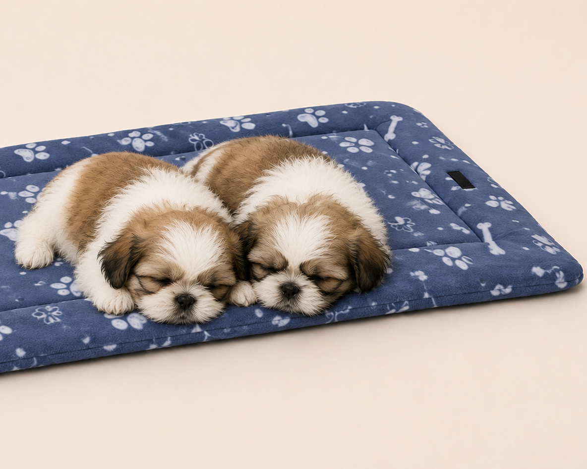 Two Shih Tzu puppies sleeping on a Pets Essentials Bone Fleece ultra-low-entry dog crate mat