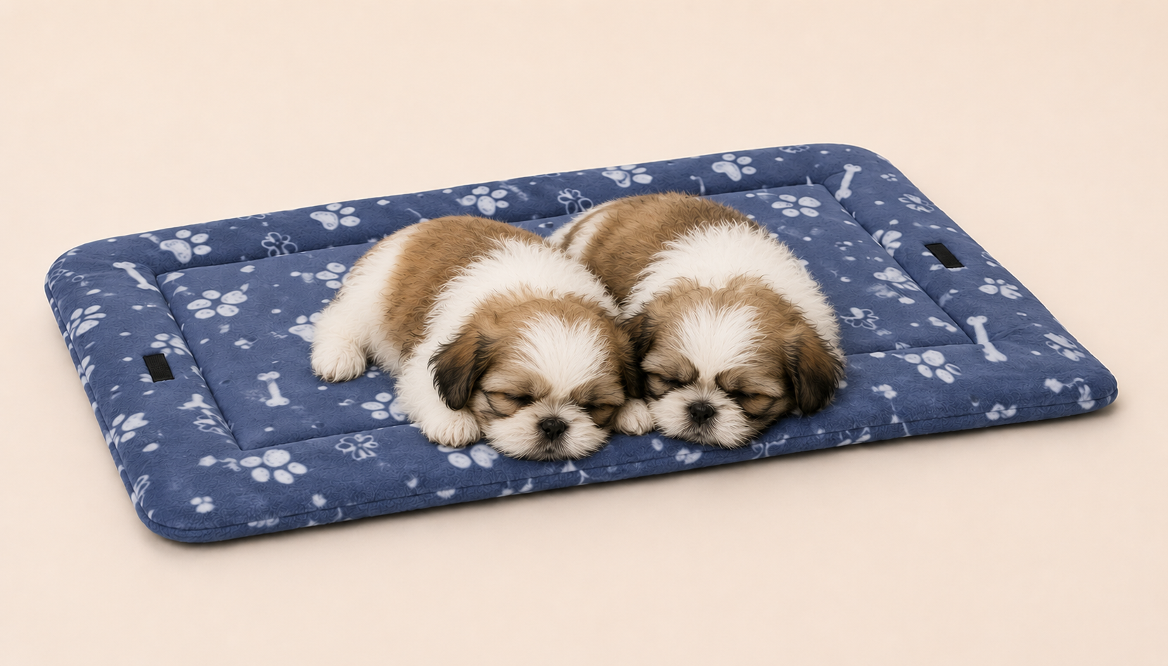 Two Shih Tzu puppies sleeping on a Pets Essentials Bone Fleece ultra-low-entry dog crate mat