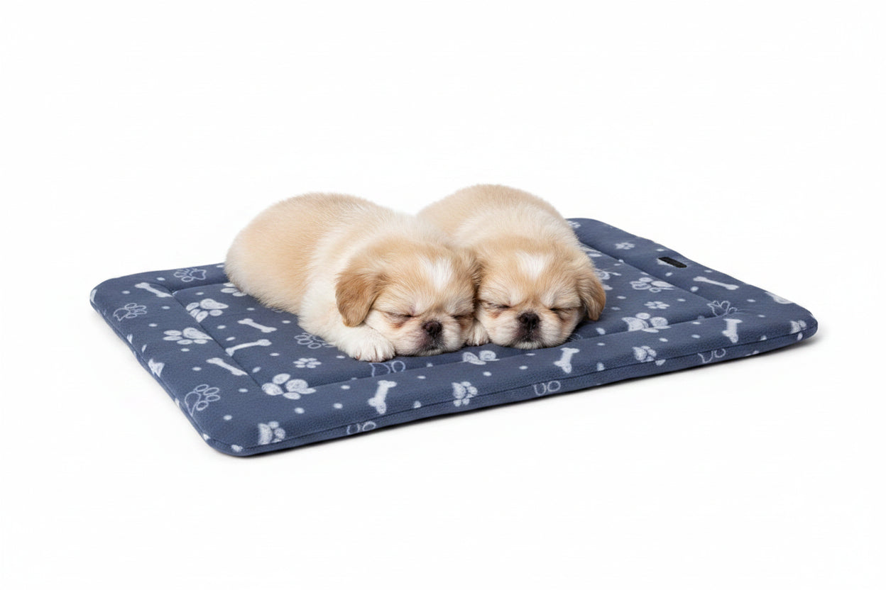 Pets Essentials Bone Fleece Dog Crate Mat Grey featuring two little Pekingese puppies sleeping on them.