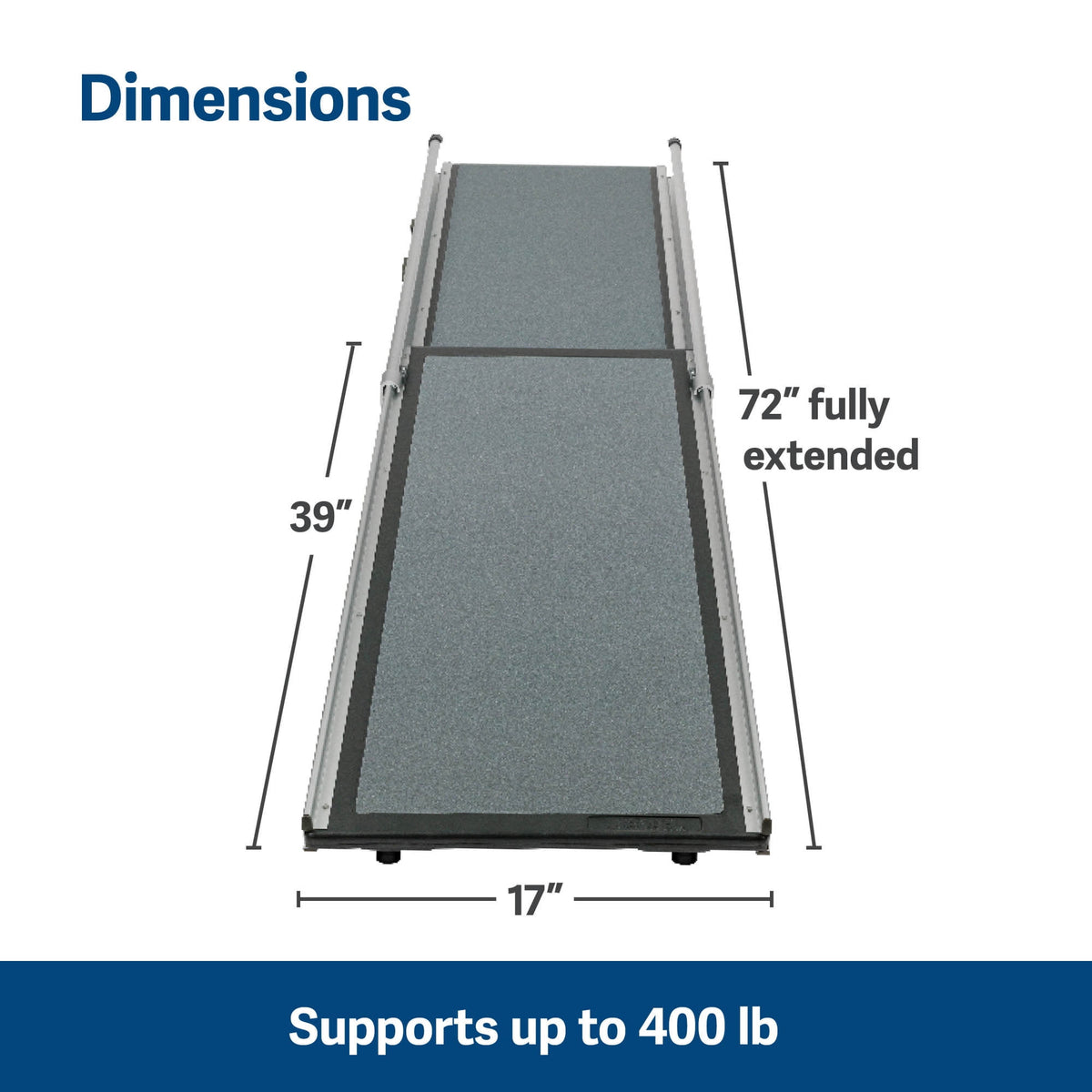 PetSafe Happy Ride Deluxe Telescoping Dog Ramp size guide showing 39 to 72 inch length, 17 inch width and 400 pound capacity
