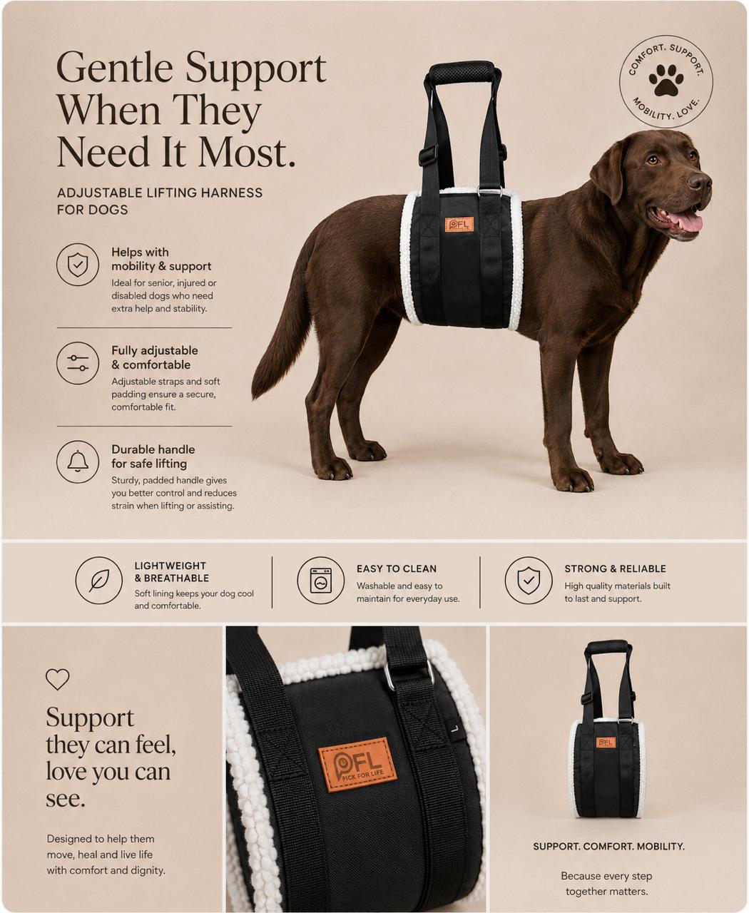 PICK FOR LIFE adjustable black dog lifting harness shown on a large dog with padded support panel and lifting handle