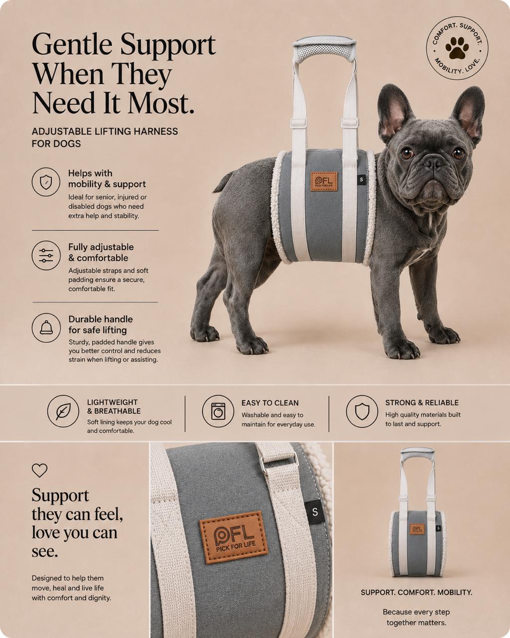 PICK FOR LIFE adjustable grey dog lifting harness shown on a French Bulldog with padded support panel and lifting handle
