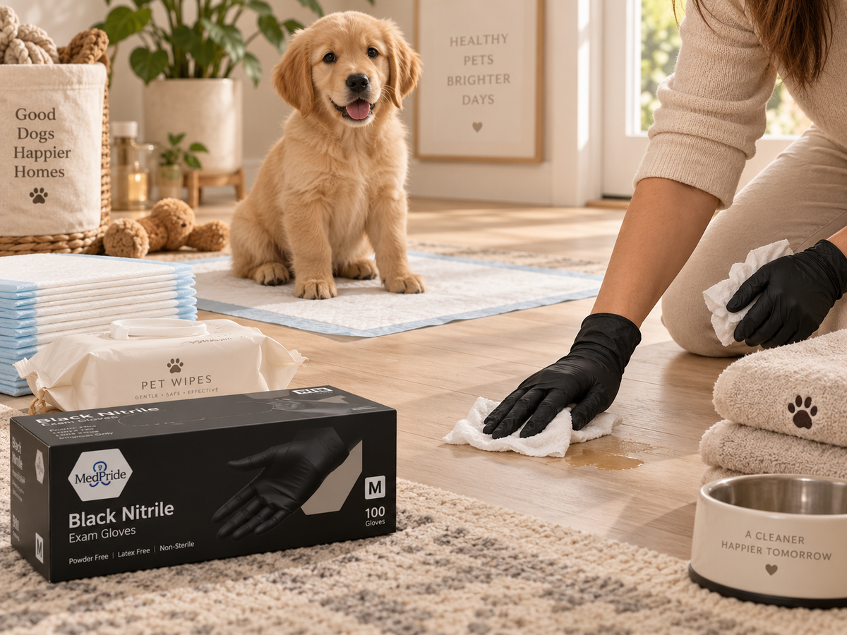 Black nitrile gloves used during a calm home clean-up with pet-care supplies