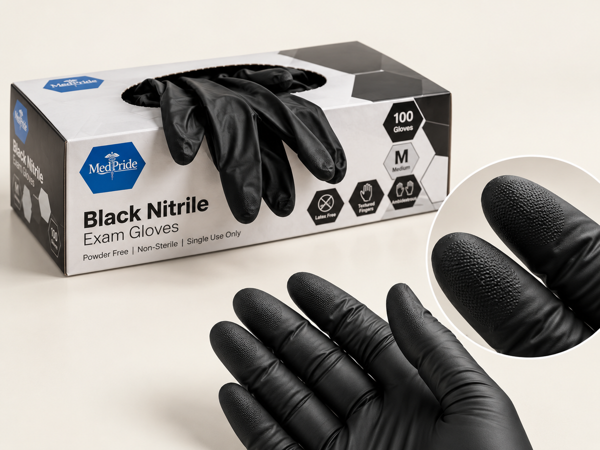 PROMEDIX P black nitrile gloves feature overview for everyday care and cleaning tasks