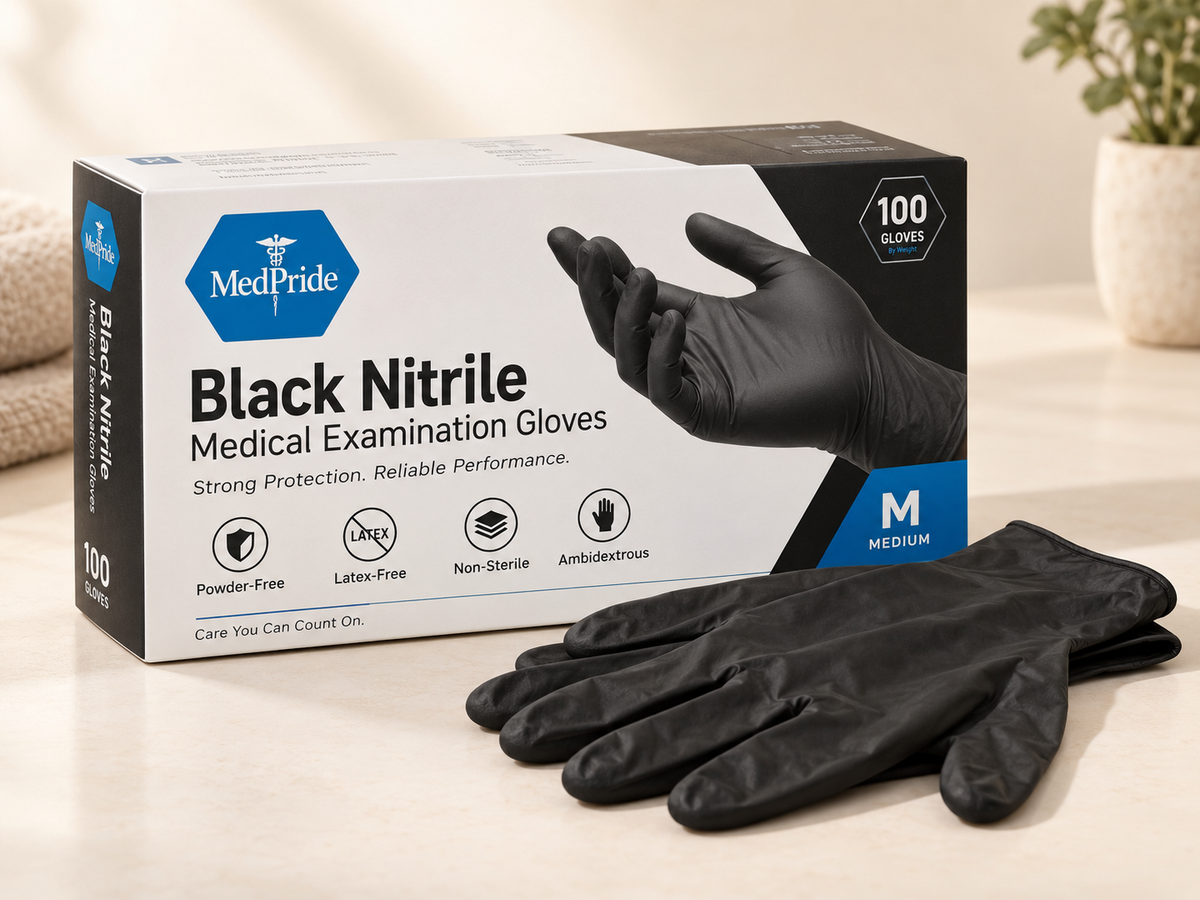 PROMEDIX P black nitrile gloves with 100-count box on a clean neutral background