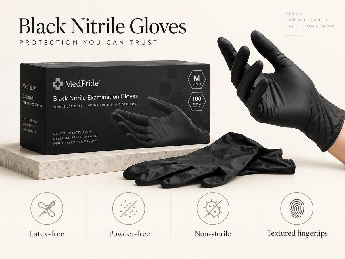 Black nitrile-gloved hands preparing pet-care supplies beside clean towels and pads