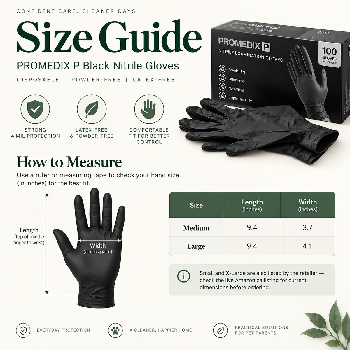 PROMEDIX P black nitrile gloves size guide with verified Medium and Large glove measurements