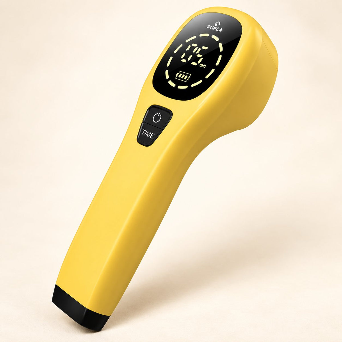 Yellow PUPCA handheld red-light device showing its front display, power button and time button.