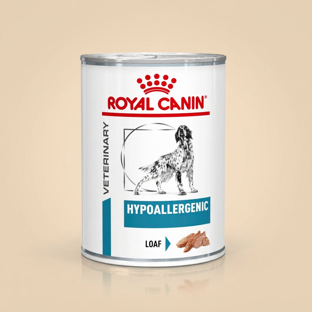 Front label of a Royal Canin Veterinary Hypoallergenic Loaf wet dog food can