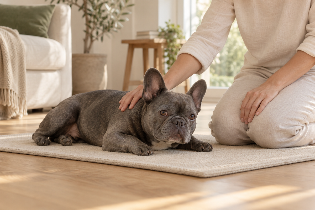Illustration of a calm French Bulldog resting on a flat floor mat beside a kneeling caregiver