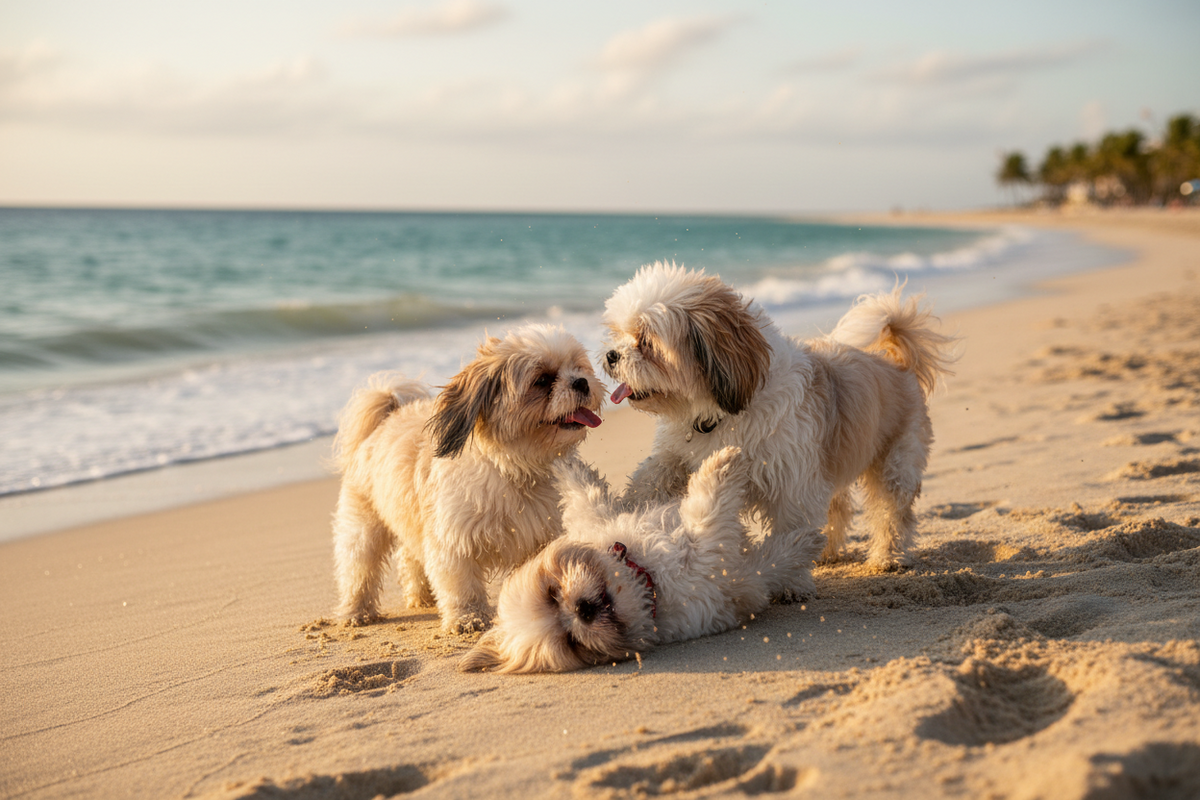 Two Shih Tzus playing on a beach for the Aubenord Shih Tzu IVDD guide