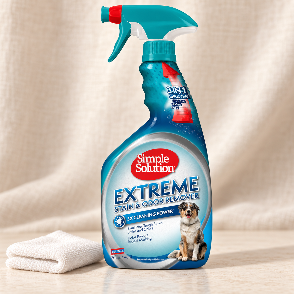 Simple Solution Extreme bottle beside a white cleaning cloth