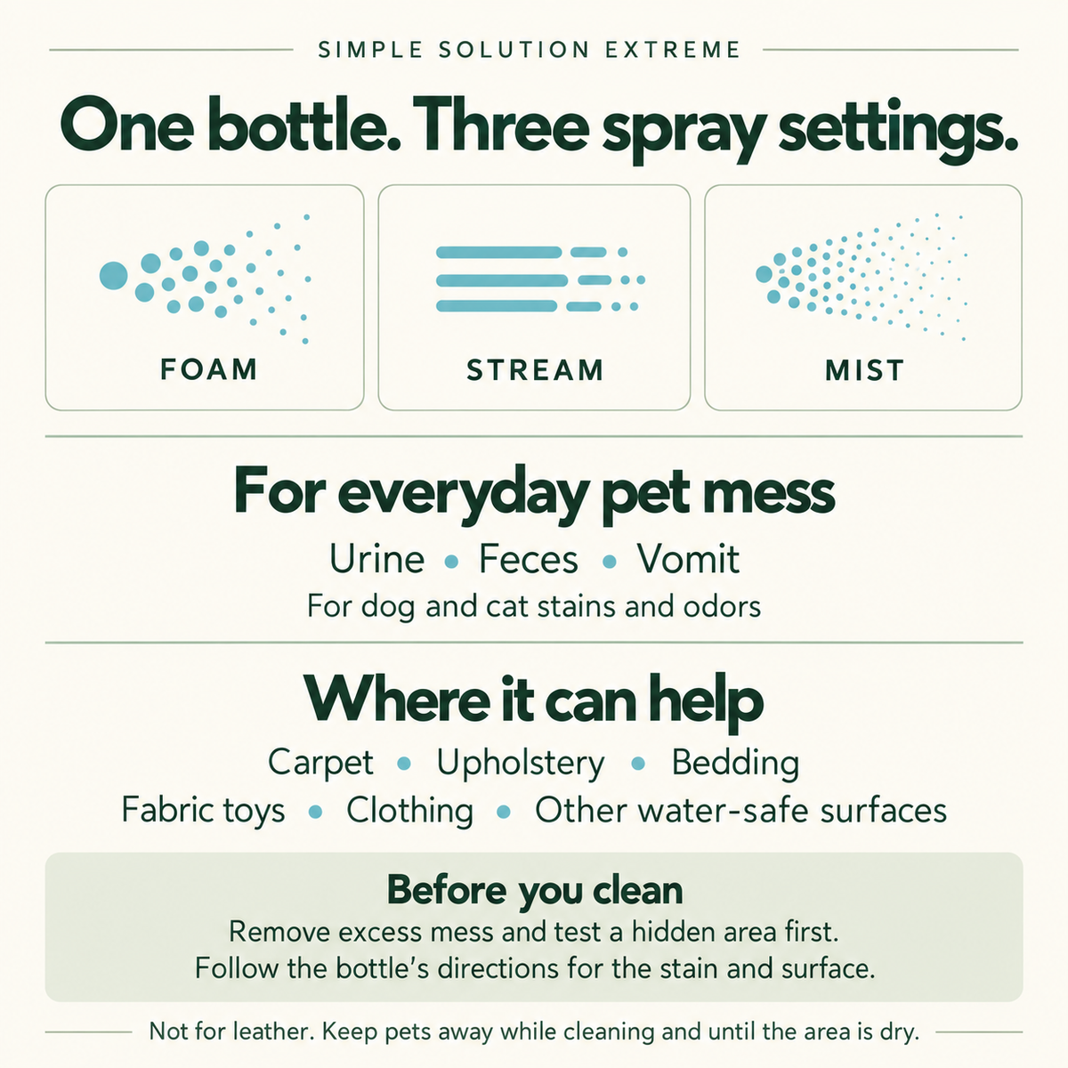 Simple Solution Extreme guide to foam, stream and mist settings, pet messes and compatible water-safe surfaces