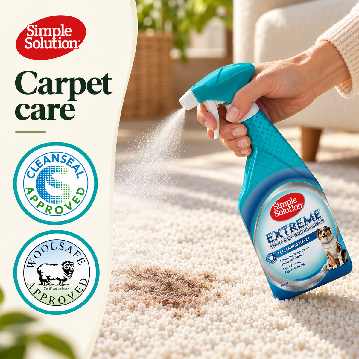 Simple Solution Extreme 500 ml carpet-care graphic showing CleanSeal and WoolSafe approval badges