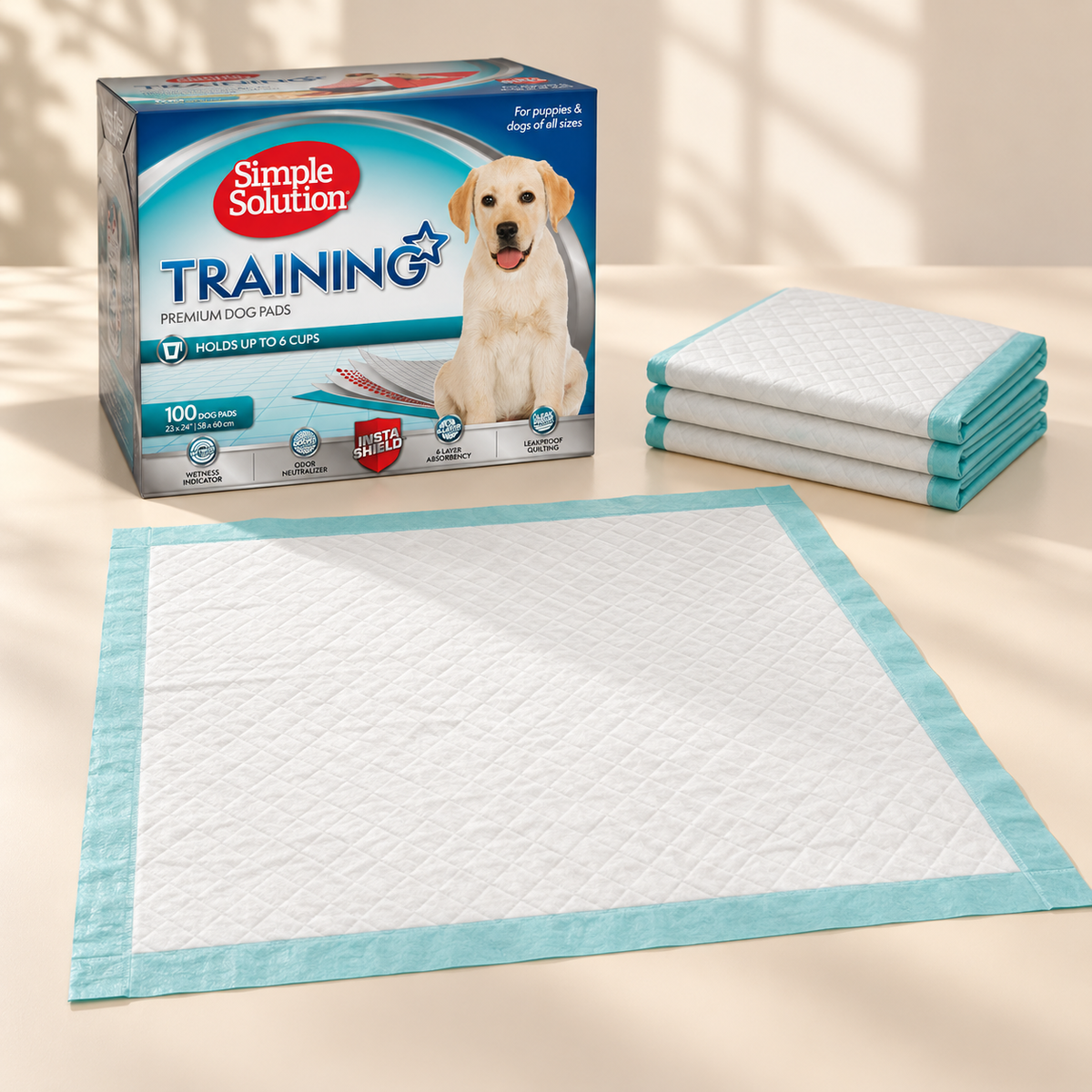 Unfolded disposable pee pad with white absorbent surface, teal border and spare folded pads