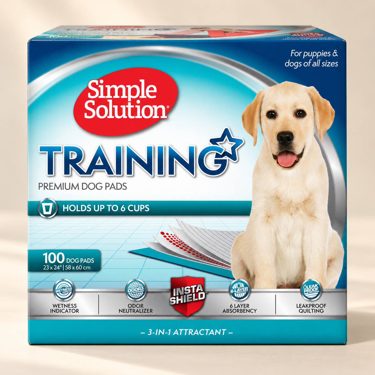 Simple Solution Premium Dog Pads 100-count box on a cream studio background