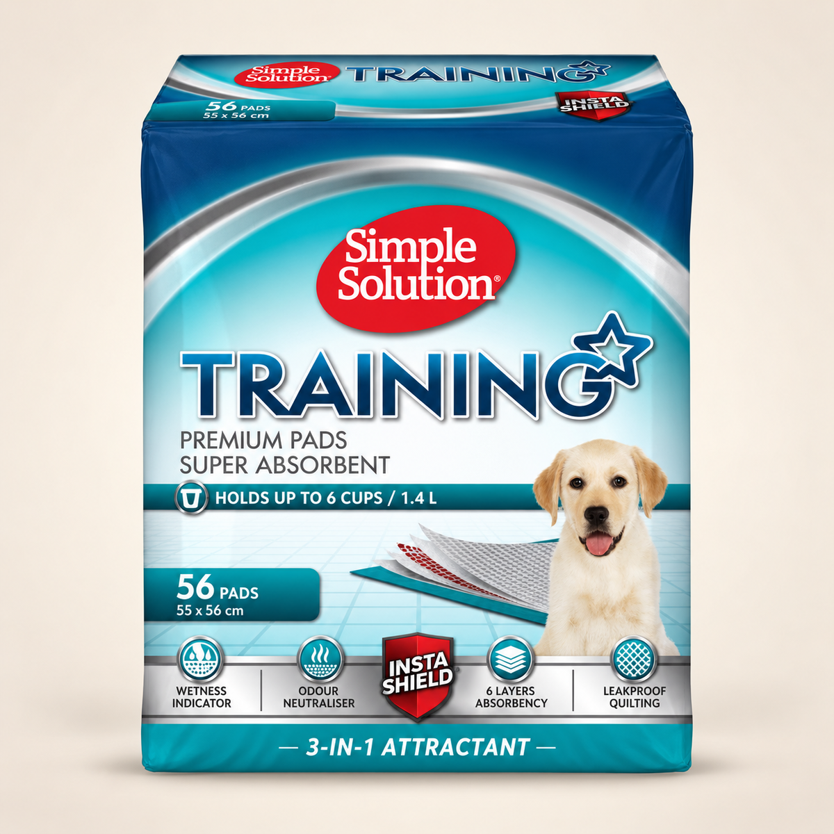 Simple Solution UK 56-pack puppy training pads, 55 by 56 cm, on a cream studio background
