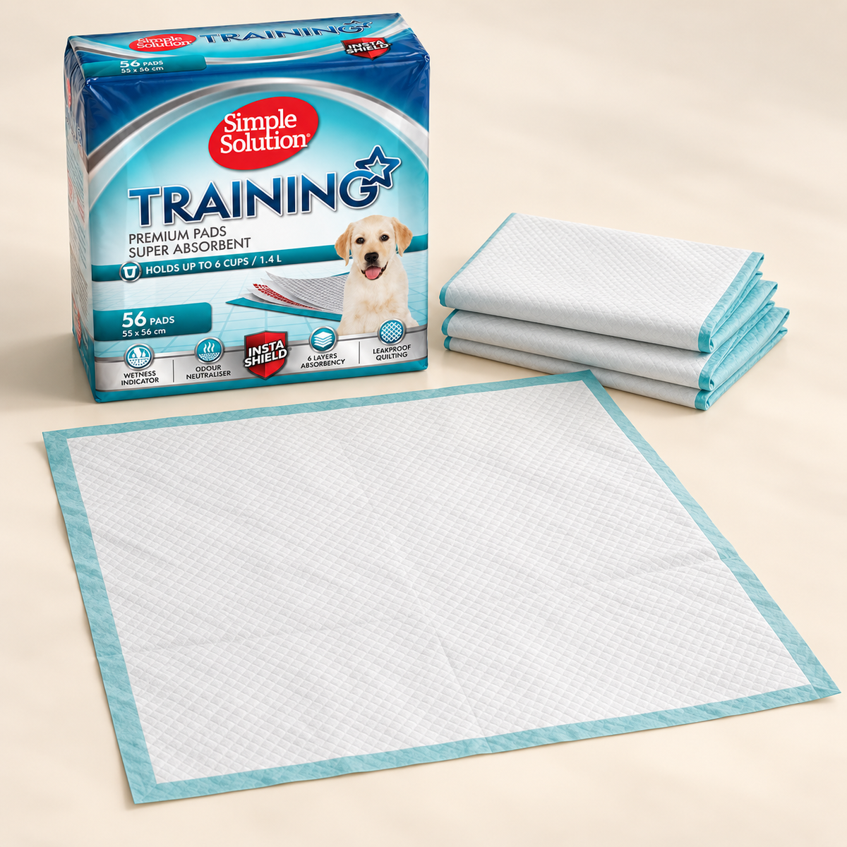 Simple Solution UK 56-pack with unfolded white absorbent pee pad and folded spare pads
