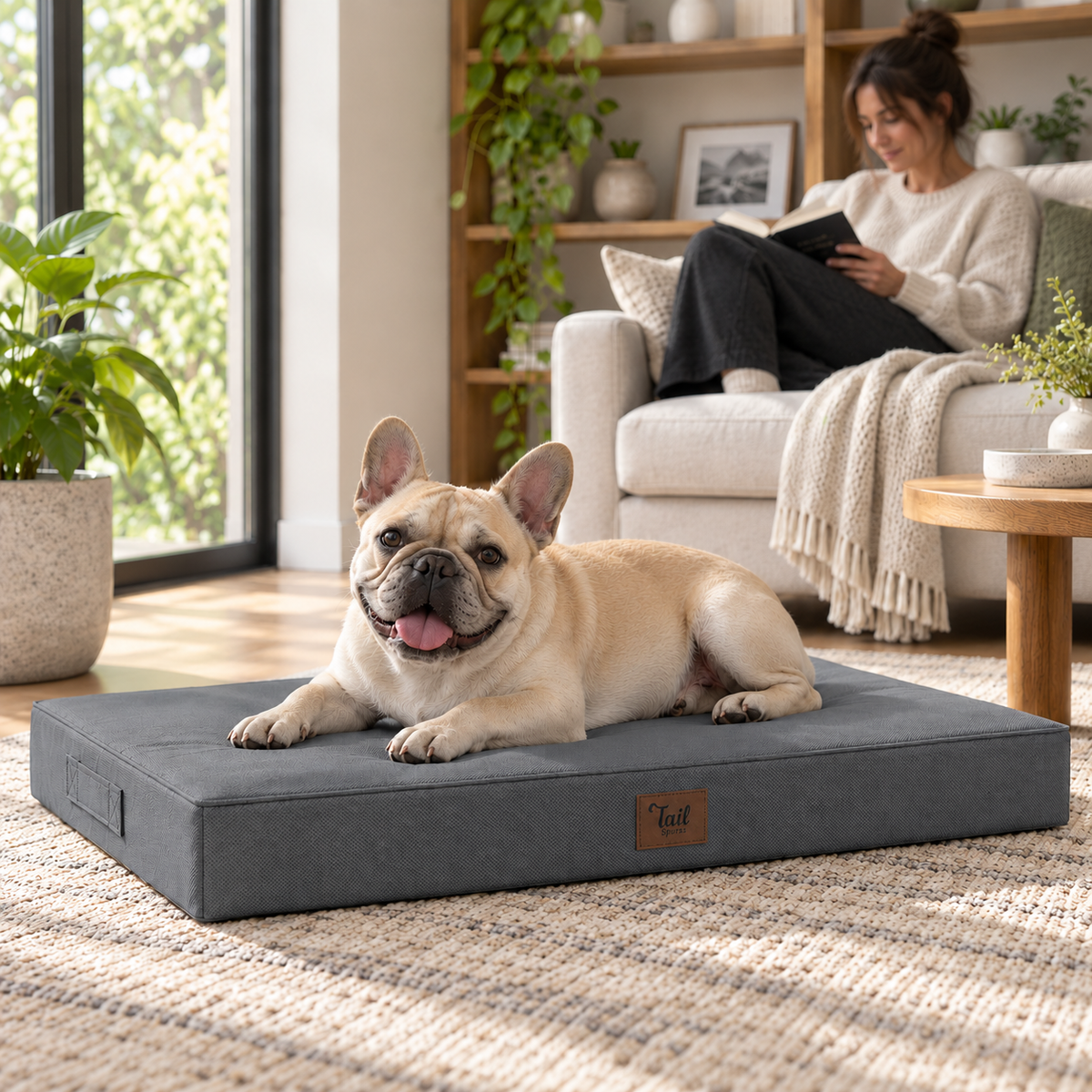 French Bulldog resting on the Tails orthopedic memory foam dog mattress in a calm home setting