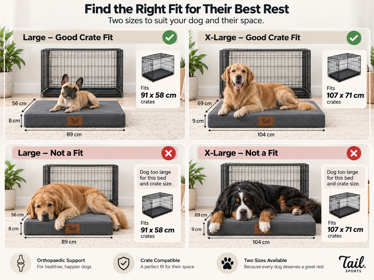 Tails orthopedic dog mattress fit guide showing how to check resting space and mattress size