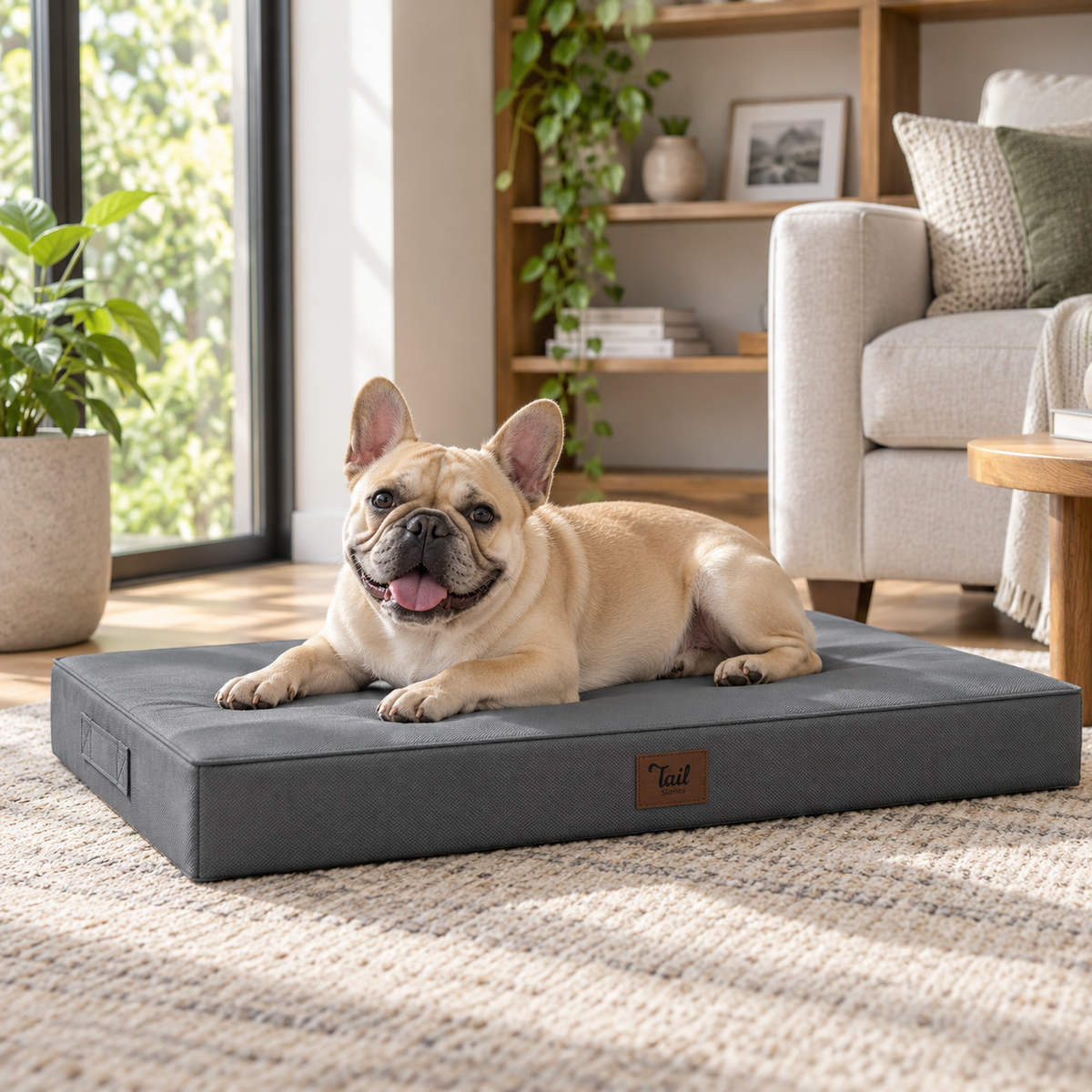 Tails orthopedic waterproof memory foam dog mattress on a calm cream background