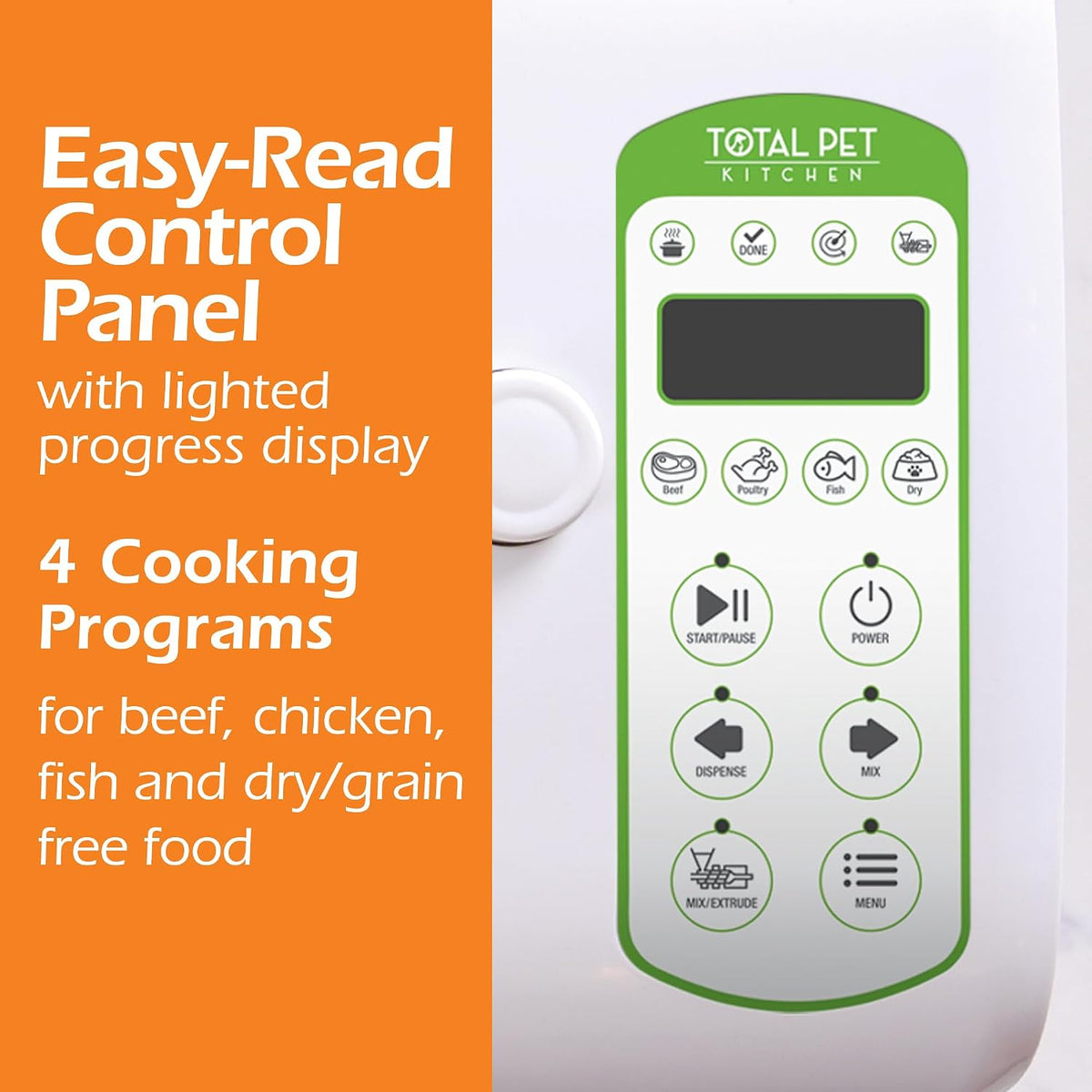 Total Pet Kitchen control panel showing the progress display and four cooking programmes