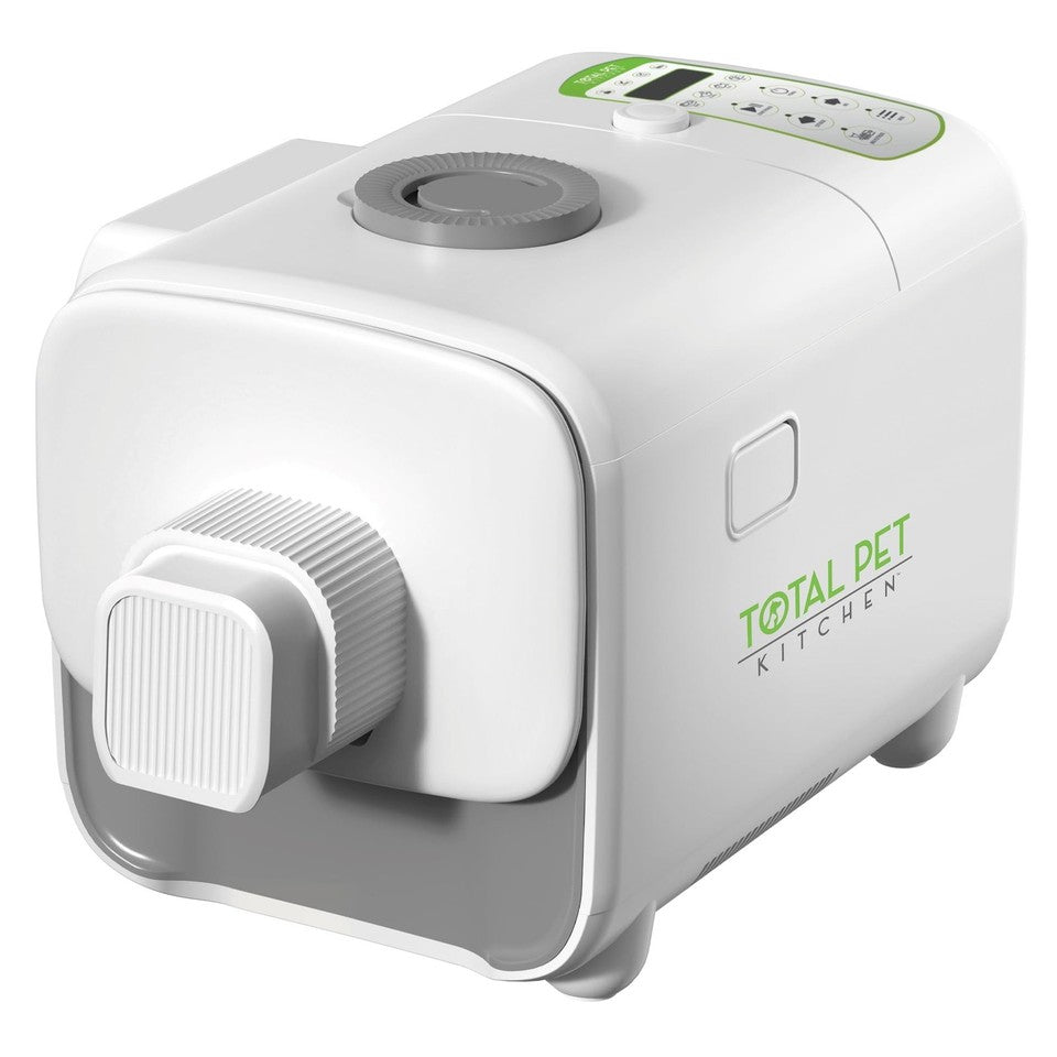 Total Pet Kitchen white pet food multicooker showing the front dispenser, side logo and top controls