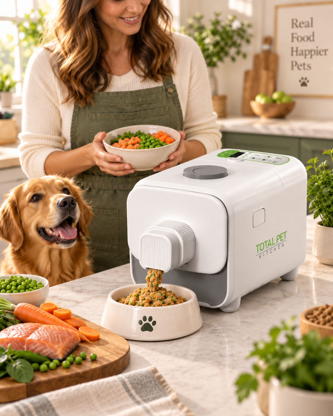 Total Pet Kitchen pet food maker dispensing a fresh meal in a warm kitchen with an owner and dog